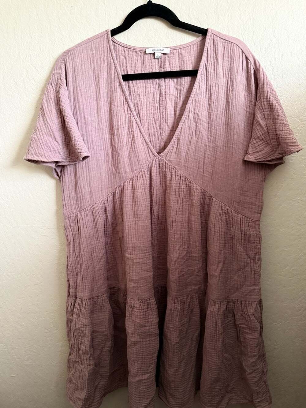 Madewell Lightspun Popover Tiered Mini Dress Size L Mauve Gauze Cotton coquette